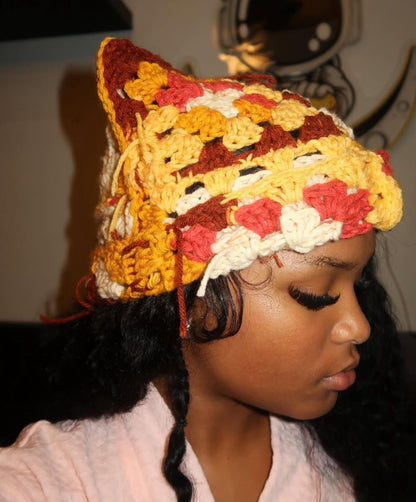 Custom Crochet Granny Square Cat Ear Beanie